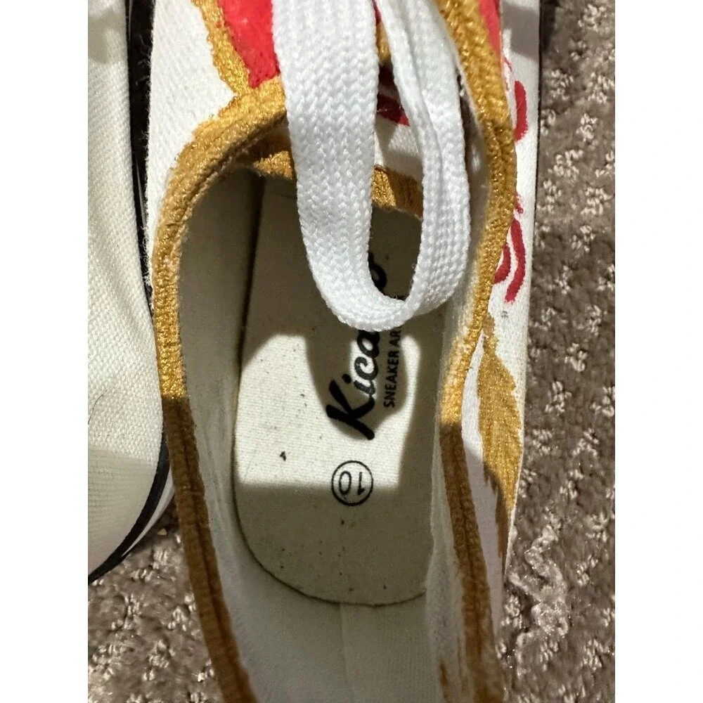 Hand-Painted‎ Canvas Sneakers With Floral Design Gold & Red Accents Lace-Up